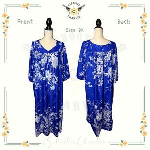 Vintage Visions Floral Print Kaftan Hawaiian House Dress Womens Size 3X Blue USA